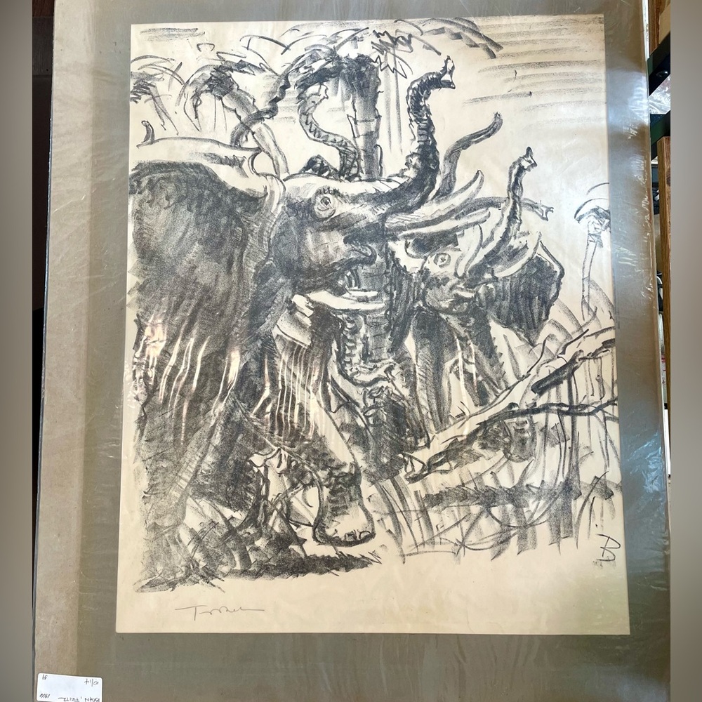Fritz Behn Art Africa Elephants Lithograph Listed Artist Vintage